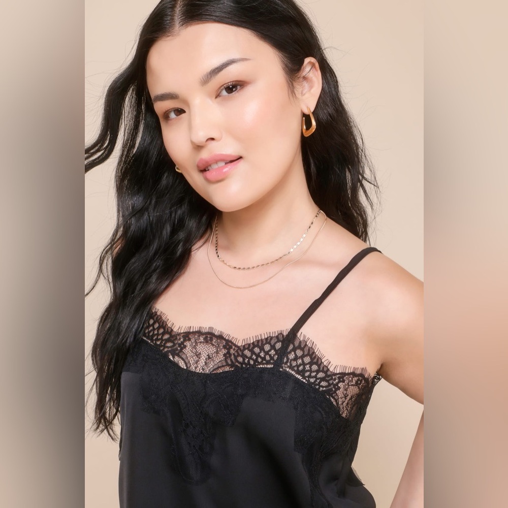 Lulu’s Maddox Black Satin Lace Cami Tank Top